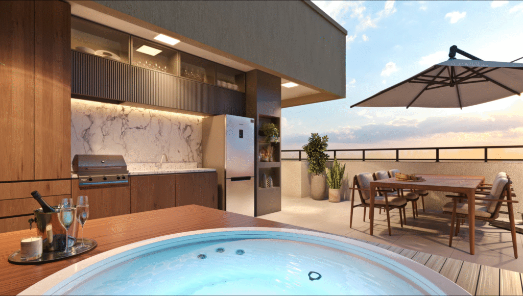 Cobertura com piscina e ofurô – Casa Prado Residence Parque Prado Campinas Varanda gourmet integrada à sala de estar